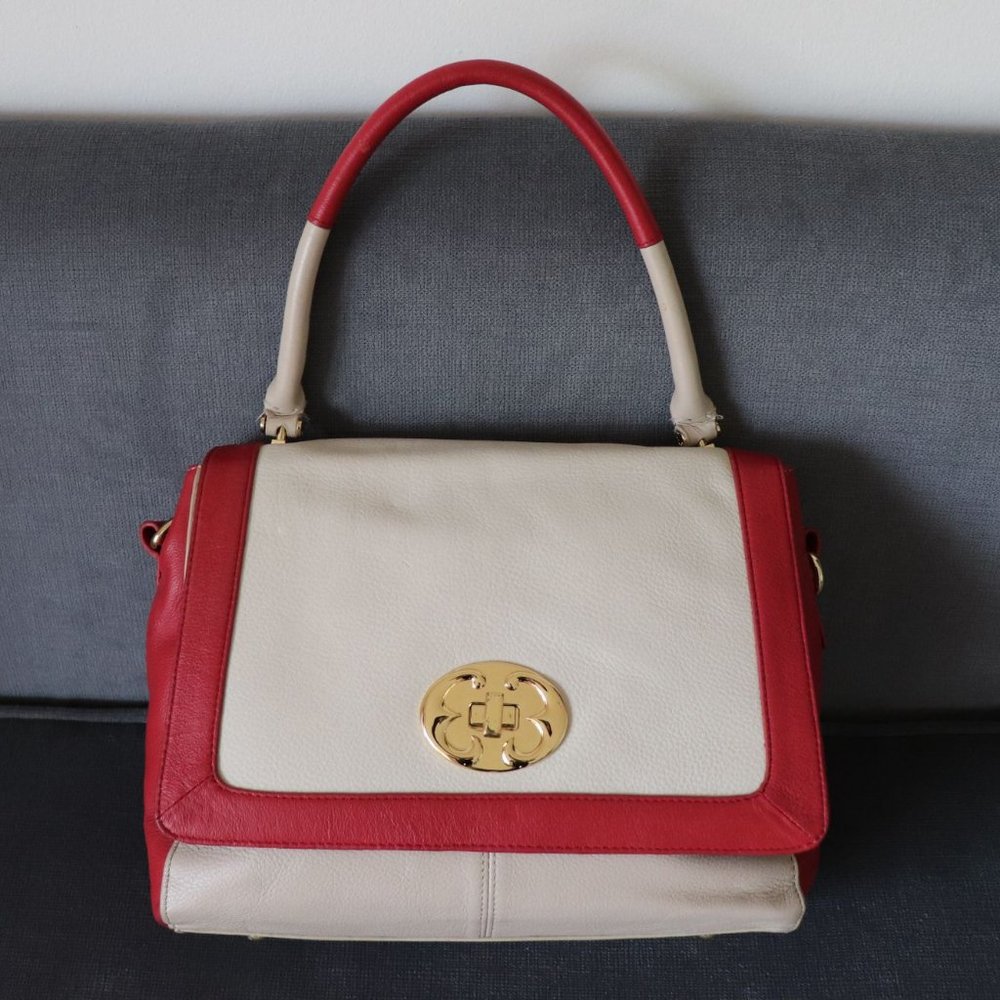Emma Fox Leather Satchel Shoulder Crossbody Bag Red/Cream